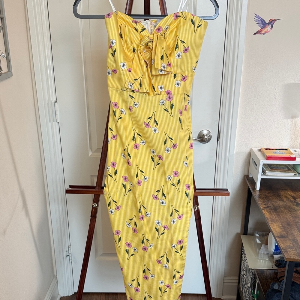 Finders Keepers Yellow Floral Midi Dress with Bow